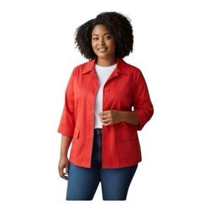 Women Solid Red Casual Jacket Plus Size 1X Snap-Closure 3/4-Cuffed Sleeve